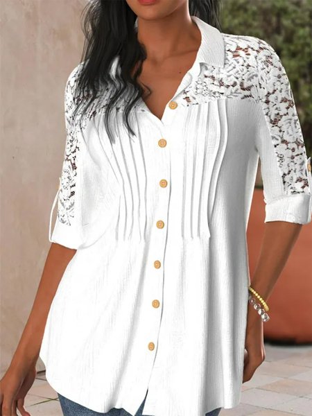 

Shawl Collar Plain Lace Elegant Blouse, White, Shirts & Blouses