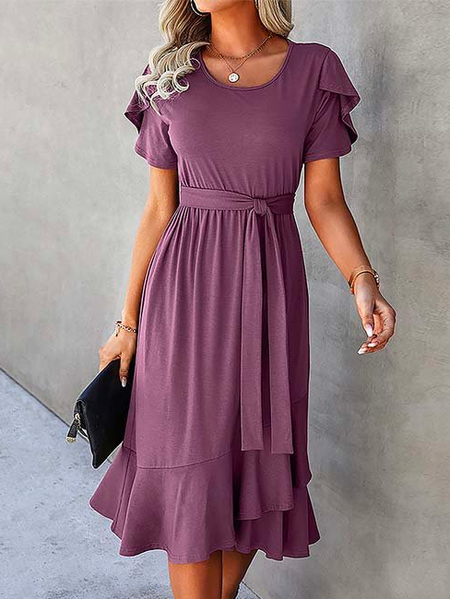 

Bow Vacation Plain Crew Neck Dress, Purple, Dresses