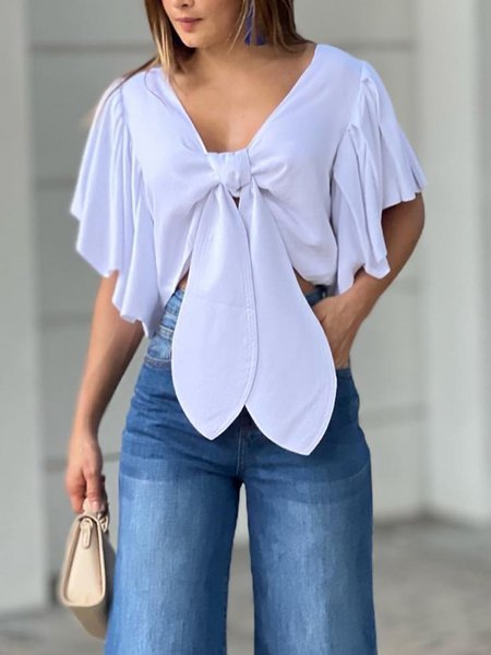 

Regular Fit Plain V Neck Urban Shirt, White, Blouses and Shirts