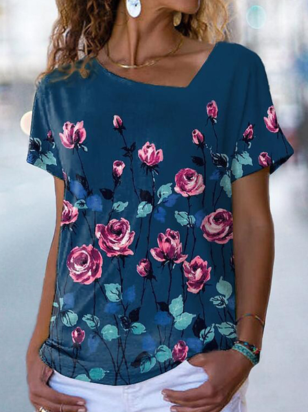 

Knitted Casual Floral Loose T-Shirt, Dark blue, T-Shirts