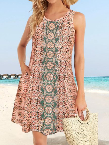 

Crew Neck Ethnic Vacation Dress, Red, Dresses