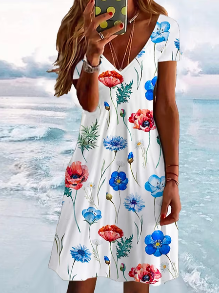 

V Neck Floral Vacation Loose Dress, White, Dresses