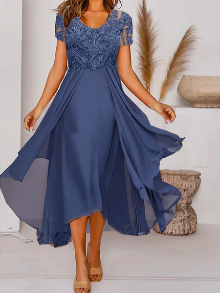 

Urban Plain Chiffon V Neck Dress, Blue, Formal Dresses