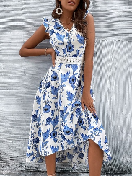

Lace Regular Fit Ruffled Sleeves Floral Boho Dress, Blue, Dresses