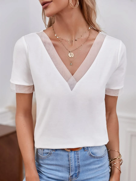 

Vacation V Neck Lace Loose Shirt, White, Shirts & Blouses