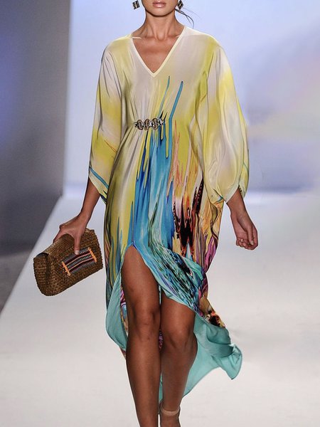 

Half sleeve Abstract Loose V Neck Vacation Dress, Yellow, Maxi Dresses