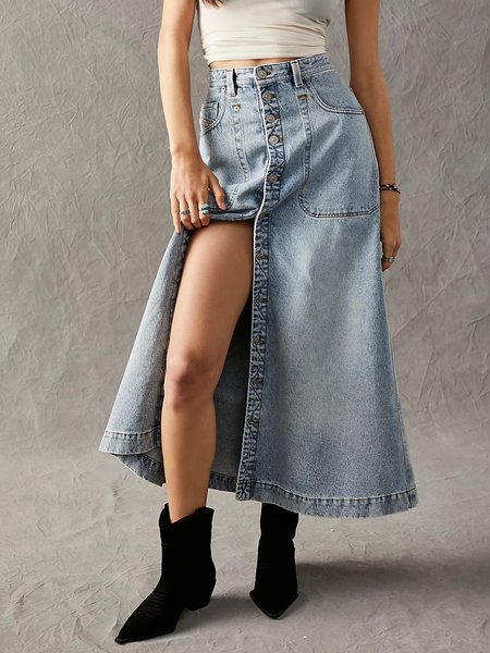 

Regular Fit Casual Denim Plain Denim Skirt, Blue, Skirts