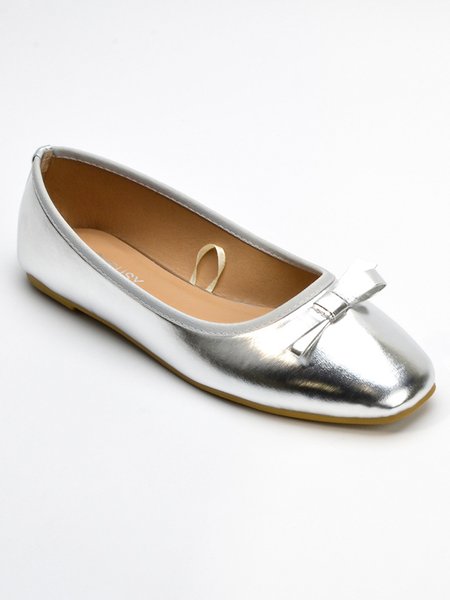 

Soft Bow Shallow Square Toe Shoes, Silver, Flats