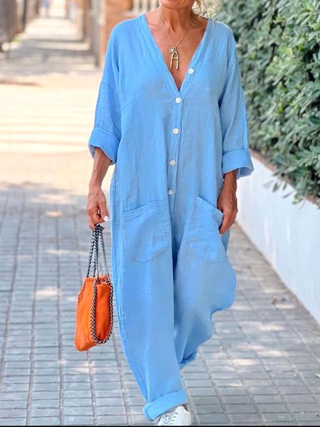 

Loose Casual Linen V Neck Jumpsuit, Blue, Jumpsuits＆Rompers