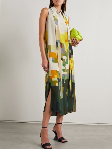 

Loose Shirt Collar Geometric Print Elegant Dress, As picture, Midi Dresses