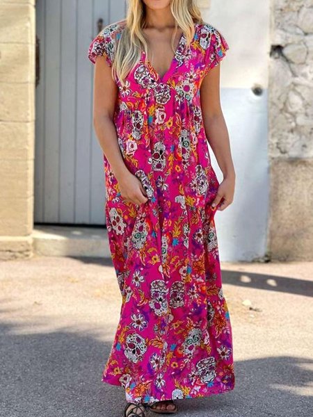 

V Neck Loose Casual Dress, Rose red, Maxi Dresses