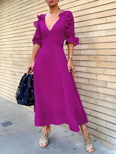 

V Neck Elegant Plain Flouncing Dress, Rose red, Midi Dresses