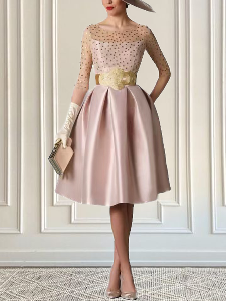 

Elegant Lace Wedding Tea Party Pink Dress, Midi Dresses