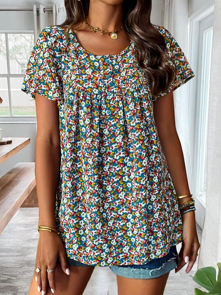 

Loose Crew Neck Disty Floral Casual Shirt, Multicolor, Shirts & Blouses