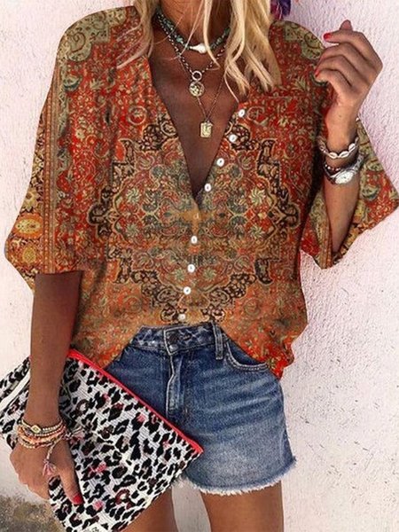 

Vintage V Neck Buttoned Blouse, Red, Shirts & Blouses