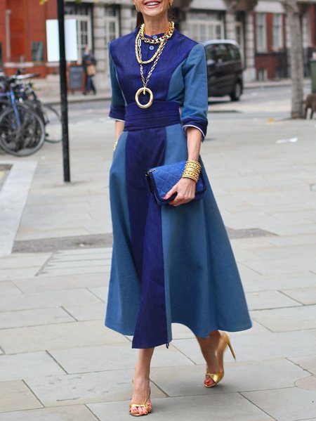 

Plain Crew Neck Elegant Regular Fit Dress, Blue, Maxi Dresses