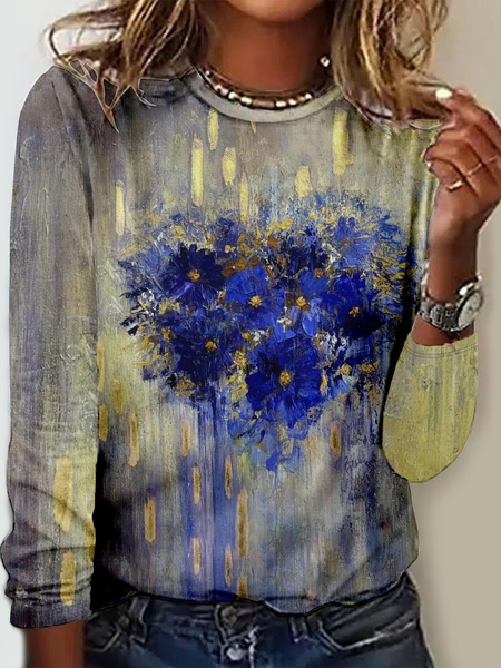 

Women's Floral Plants Art Print Crew Neck Regular Fit Plants Casual Shirt, As picture, Long sleeves