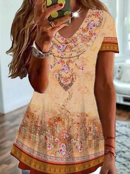 

Others Loose Vacation Ethnic T-Shirt, Khaki, T-Shirts
