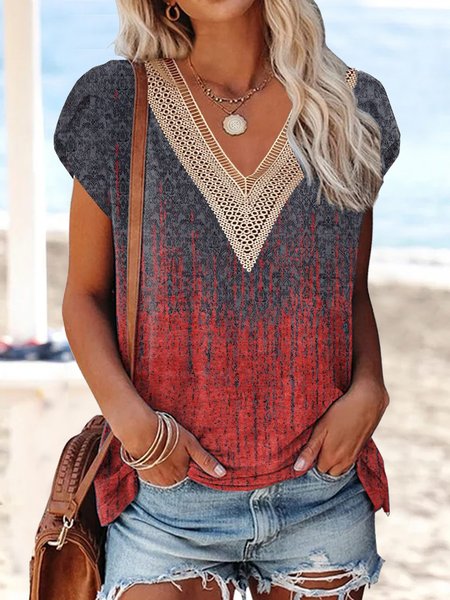 

Lace Casual Nationality/Ethnic V Neck Shirt, Red, Shirts & Blouses