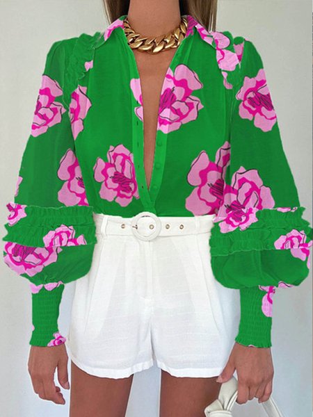 

Floral Loose Shirt Collar Vacation Flouncing Blouse, Green, Blouses and Shirts