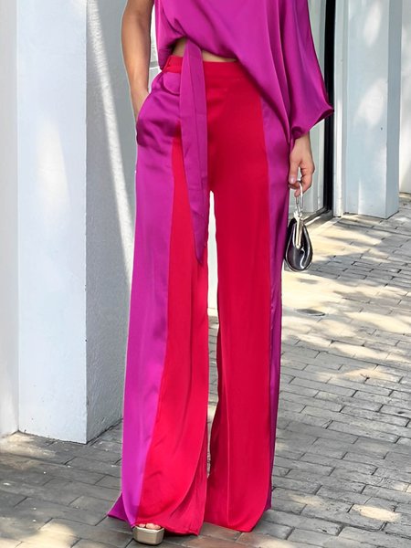 

Urban Color Block Satin Loose Fashion Pants, Rose red, Pants