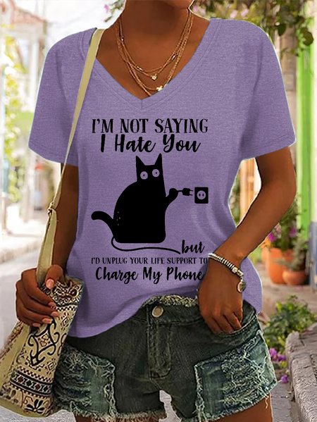 

Women‘s Word Black Cat I’m Not Saying I Hate You But I Would Unplug Your Life Support To Charge My Phone Casual Loose T-Shirt, Purple, T-shirts