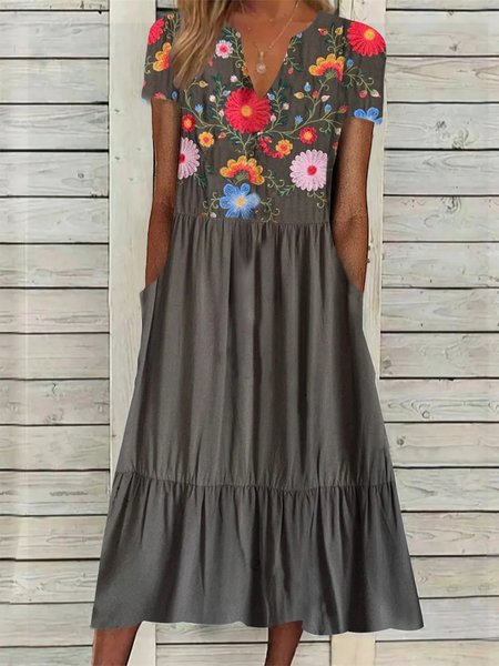 

Elegant Floral Notched Loose Dress, Gray, Dresses