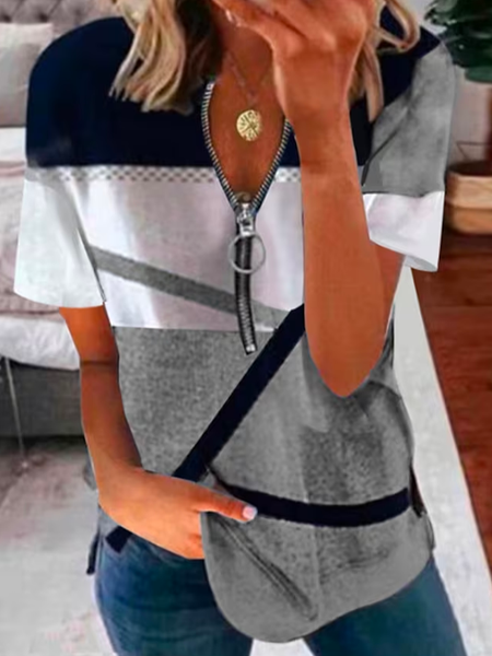 

Color Block Casual Loose V Neck T-Shirt, Black, T-Shirts