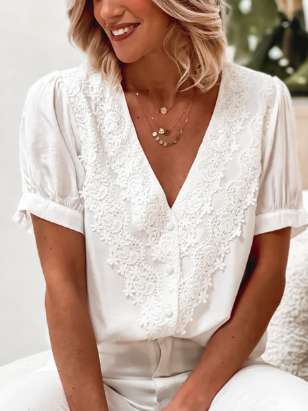 

Cotton-Blend V Neck Casual Plain Blouse, White, Shirts & Blouses