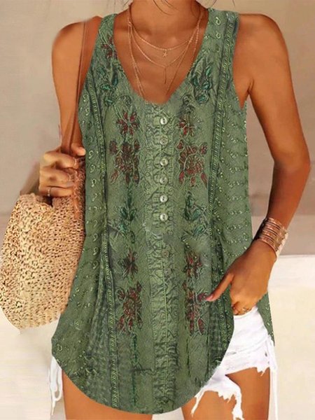 

Ethnic Boho Buttoned Loose Tank Top, Green, Tanks & Camis