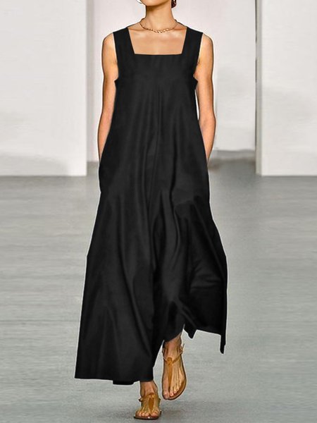 

Loose Plain Square Neck Casual Dress, Black, Maxi Dresses