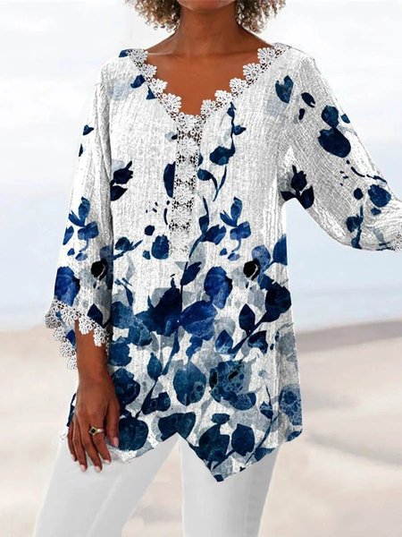 Casual Floral Loose V Neck Shirt, White, Shirts & Blouses