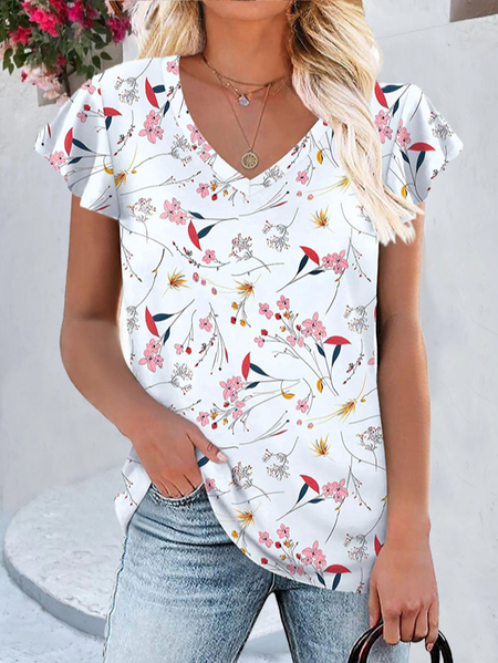 

V Neck Regular Fit Floral Boho T-Shirt, White, T-Shirts