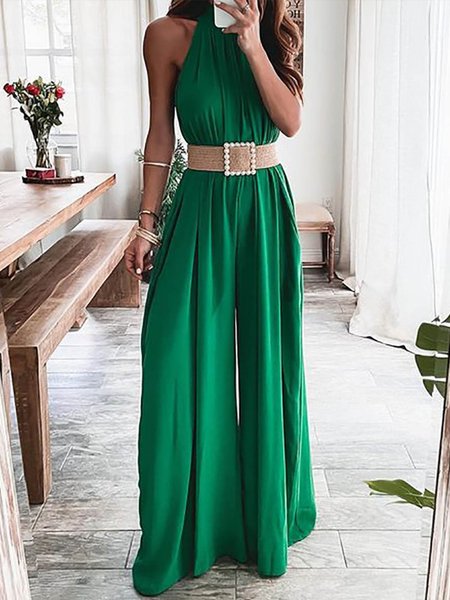 

Loose Plain Urban Halter Jumpsuit, Green, Jumpsuits