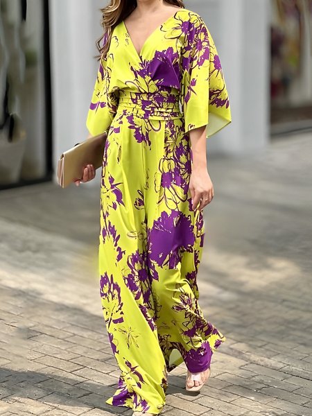 

Urban V Neck Random Print Regular Fit Jumpsuit, Yellow, Jumpsuits
