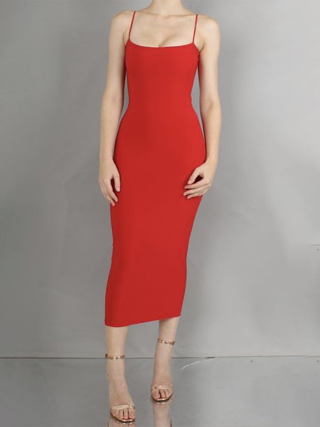 

Tight Spaghetti Elegant Plain Midi Dress, Red, Midi Dresses