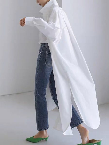 

Loose Urban Shirt Collar Plain Blouse, White, Blouses and Shirts
