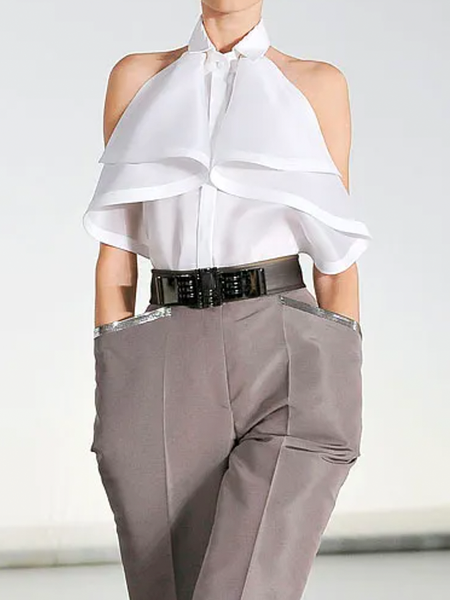 

Elegant Regular Fit Sleeveless Shirt Collar Plain Blouse, White, Blouses and Shirts