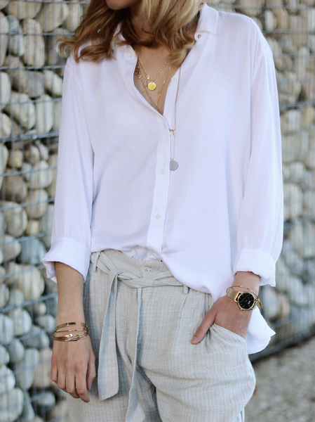

Simple Shirt Collar Plain Blouse, White, Shirts & Blouses