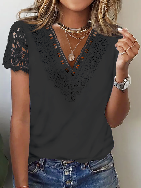 

Lace Casual V Neck Loose T-Shirt, Black, T-Shirts
