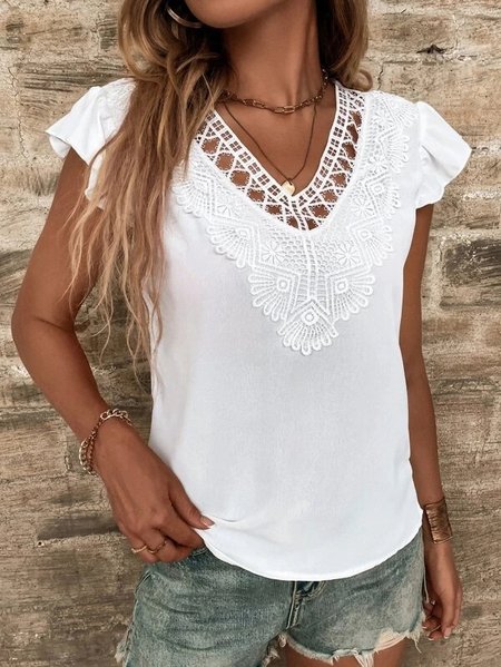 

V Neck Loose Plain Casual Shirt, White, Shirts & Blouses