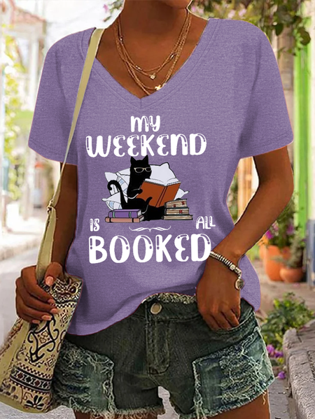 

Women's Funny Black Cat Reading Books My Weekend Is All Booked V Neck Text Letters Casual T-Shirt, Purple, T-shirts