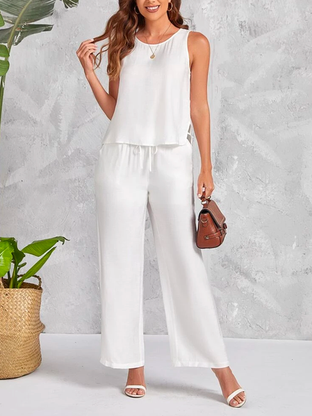 

Loose Crew Neck Casual Linen Cut Out Side Tank Top & Drawstring Waist Wide Leg Pants, White, Suit Set