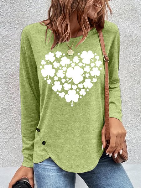 

Women's St Patricks Day Shamrock HeartCrew Neck Casual Shirt, Green, Long sleeves