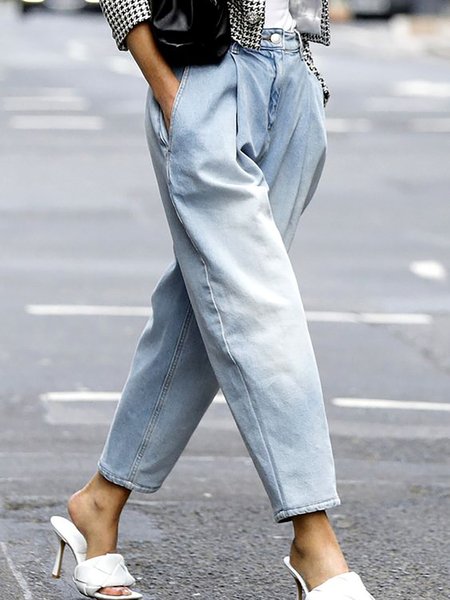 

Loose Plain Casual Jeans, Denim blue, Pants