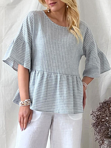 

Casual Loose Striped Crew Neck Flare Sleeve Shirt, Light gray, Shirts & Blouses