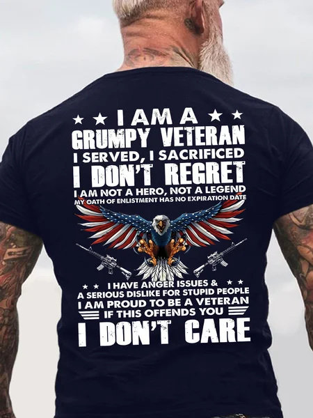 

Men's I Am A Grumpy Veteran I Served I Sacrificed I Don't Regret I Am Not A Hero Not A Legend I Don't Care Funny Graphic Printing America Flag Eagle Old Glory Casual Loose Cotton T-Shirt, Purplish blue, T-shirts