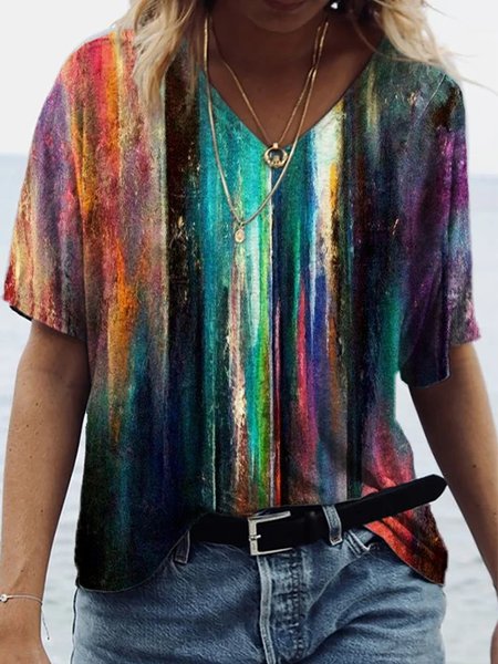 

V Neck Ombre Casual Loose T-Shirt, Green, T-Shirts