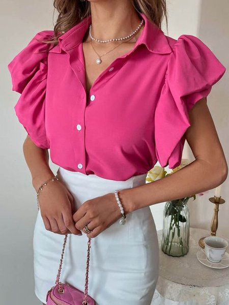 

Plain Flouncing Urban Shirt Collar Short Sleeve Blouse, Pink, Blouses and Shirts