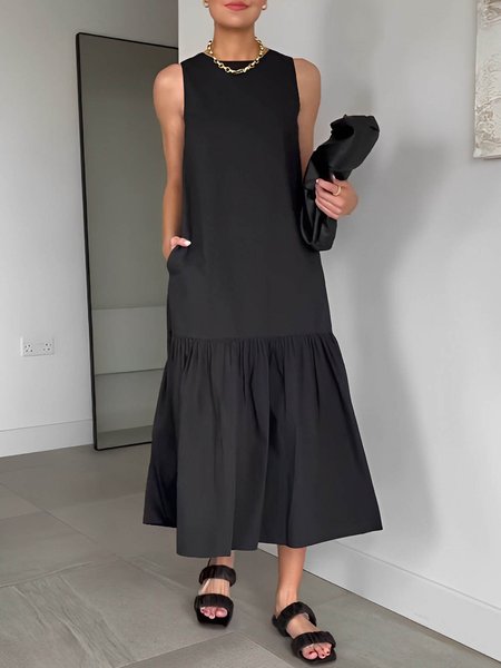 

Loose Plain Elegant Crew Neck Sleeveless Pockets Dress, Black, Midi Dresses